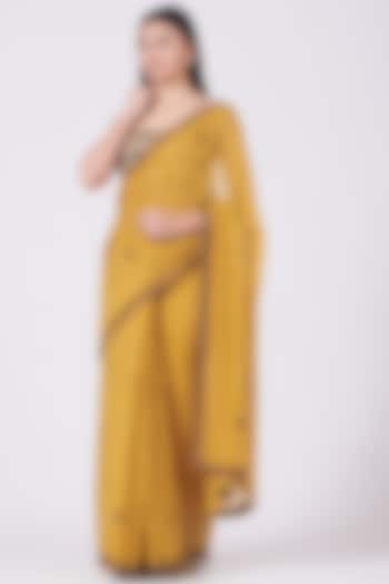 Mustard Hand Embroidered Saree Set by Aditya Sikand at Pernia's Pop Up Shop