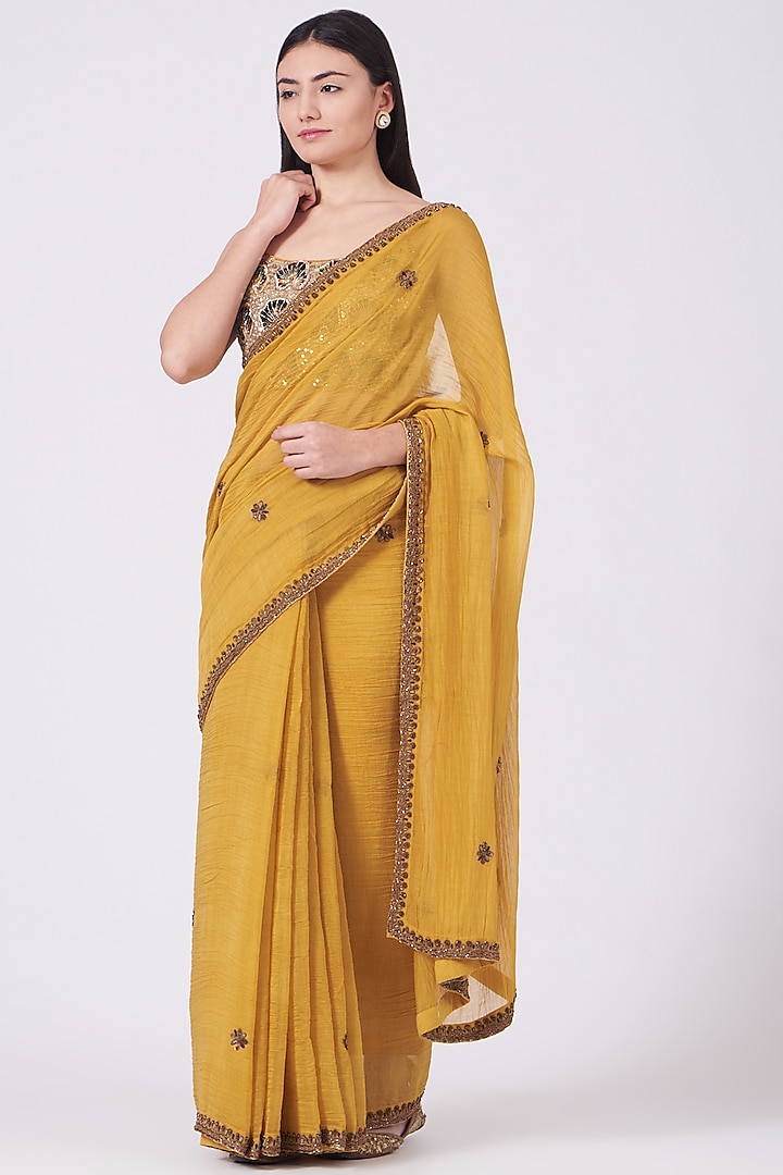 Mustard Hand Embroidered Saree Set by Aditya Sikand