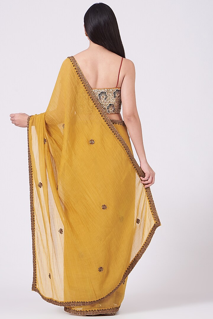Mustard Hand Embroidered Wedding Saree Set by Aditya Sikand at Pernia's Pop Up Shop