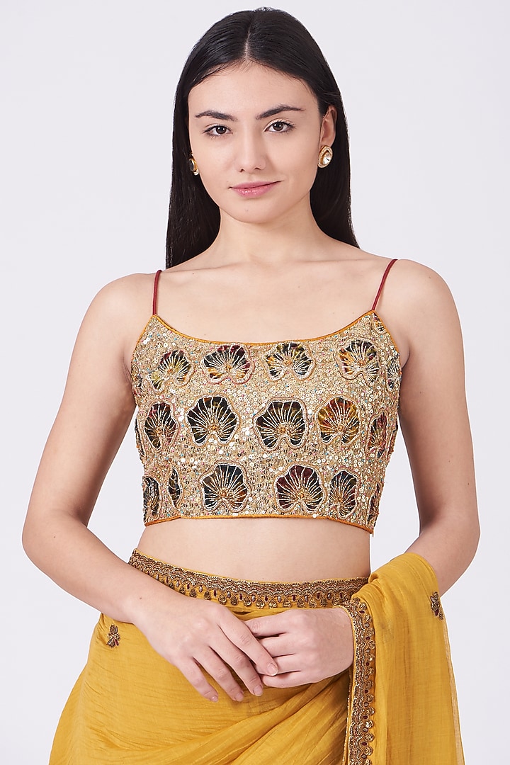 Mustard Hand Embroidered Wedding Saree Set by Aditya Sikand at Pernia's Pop Up Shop