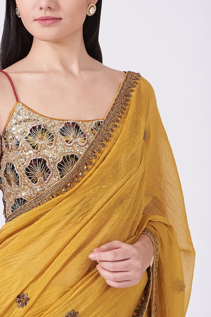 Mustard Hand Embroidered Wedding Saree Set by Aditya Sikand at Pernia's Pop Up Shop