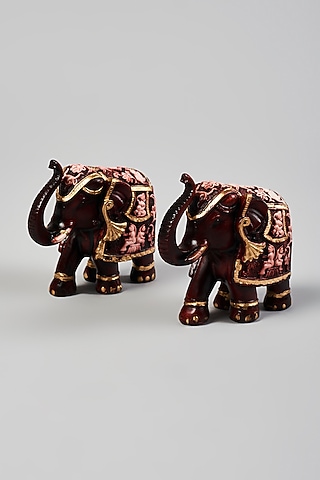 Maroon Fibre Elephant Statue Set by Home Decor by Aditi