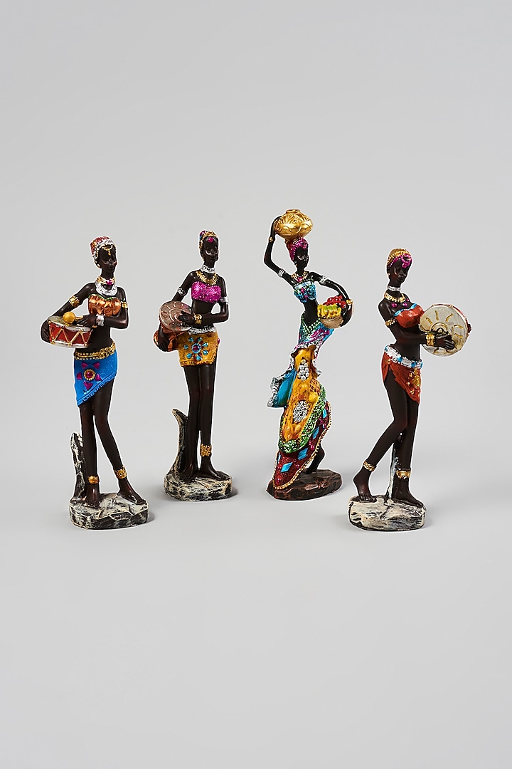 Multi-Colored Fibre Four Style Standing Lady Statue Set by Home Decor by Aditi