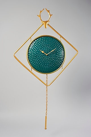 Green & Golden Iron Deer Wall Frame Clock by Home Decor by Aditi