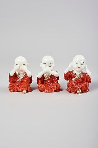 Orange & White Fibre Three Monk Statue Set by Home Decor by Aditi