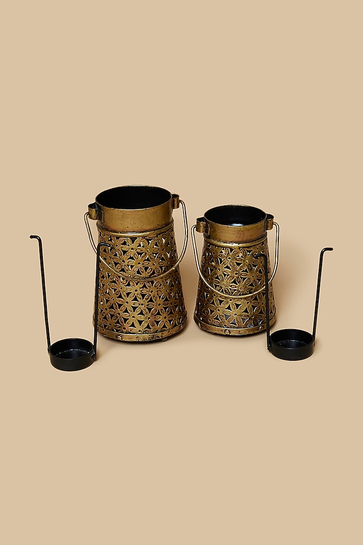 Golden & Black Kettle Style Metal Tea Light Holder Set by Home Decor by Aditi