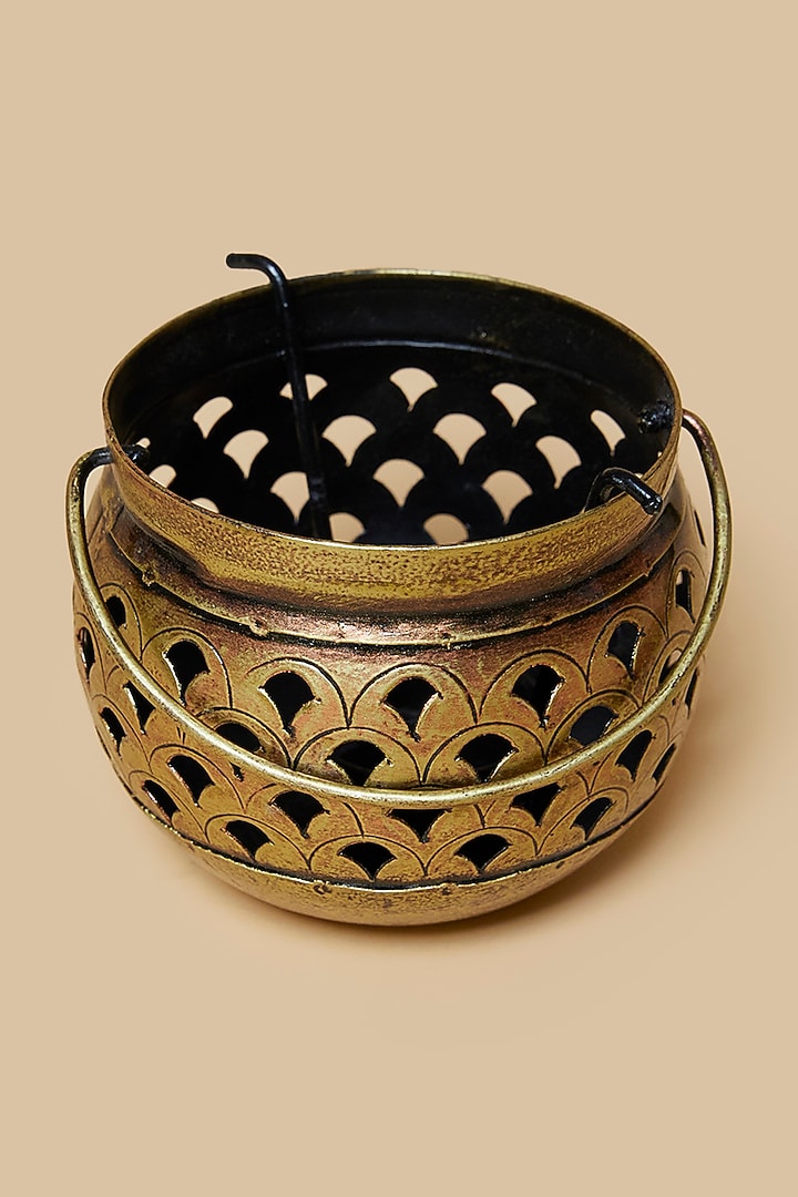 Golden & Black Metal Matki Hanging With Tea Light Holder by Home Decor by Aditi at Pernia's Pop Up Shop