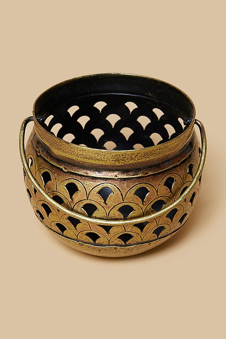Golden & Black Metal Matki Hanging With Tea Light Holder by Home Decor by Aditi at Pernia's Pop Up Shop