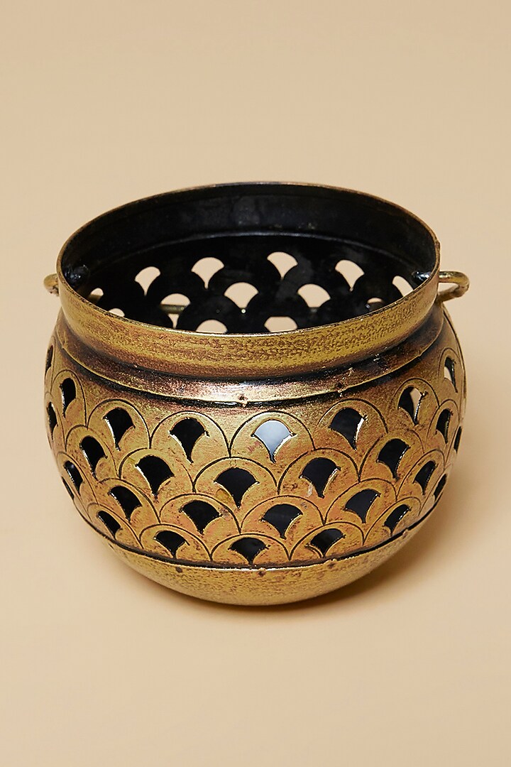 Golden & Black Metal Matki Hanging With Tea Light Holder by Home Decor by Aditi at Pernia's Pop Up Shop