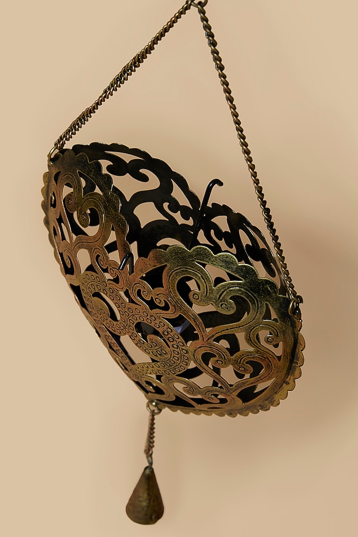 Golden & Black Heart Metal Hanging Stand With Tea Light Holder by Home Decor by Aditi at Pernia's Pop Up Shop