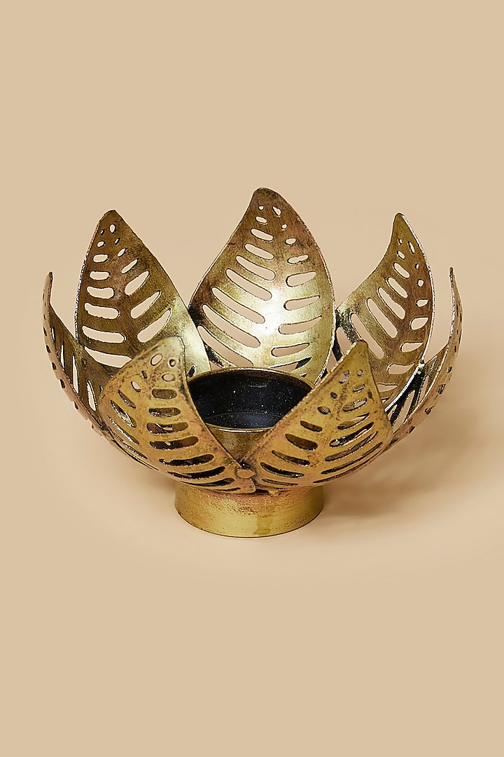 Golden & Black Lotus Big Leaf Metal Tea Light Holder by Home Decor by Aditi