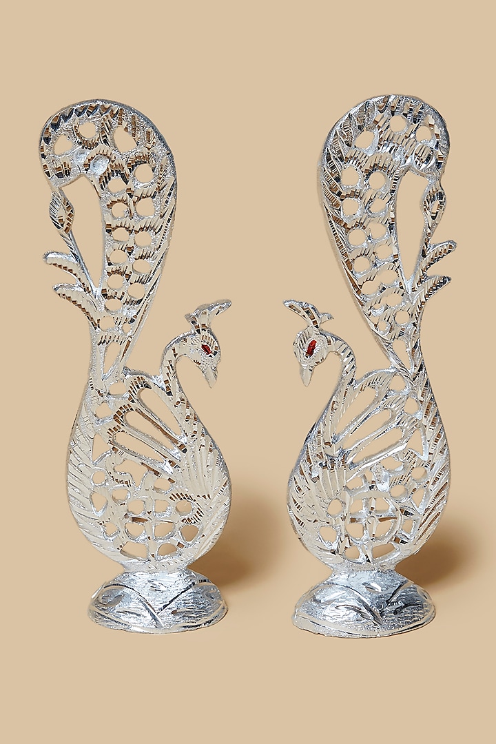 Silver Metal Dancing Peacock Couple Showpiece by Home Decor by Aditi