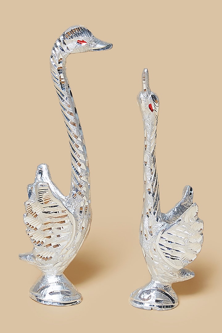 Silver Metal Swan Couple With Feather Showpiece by Home Decor by Aditi