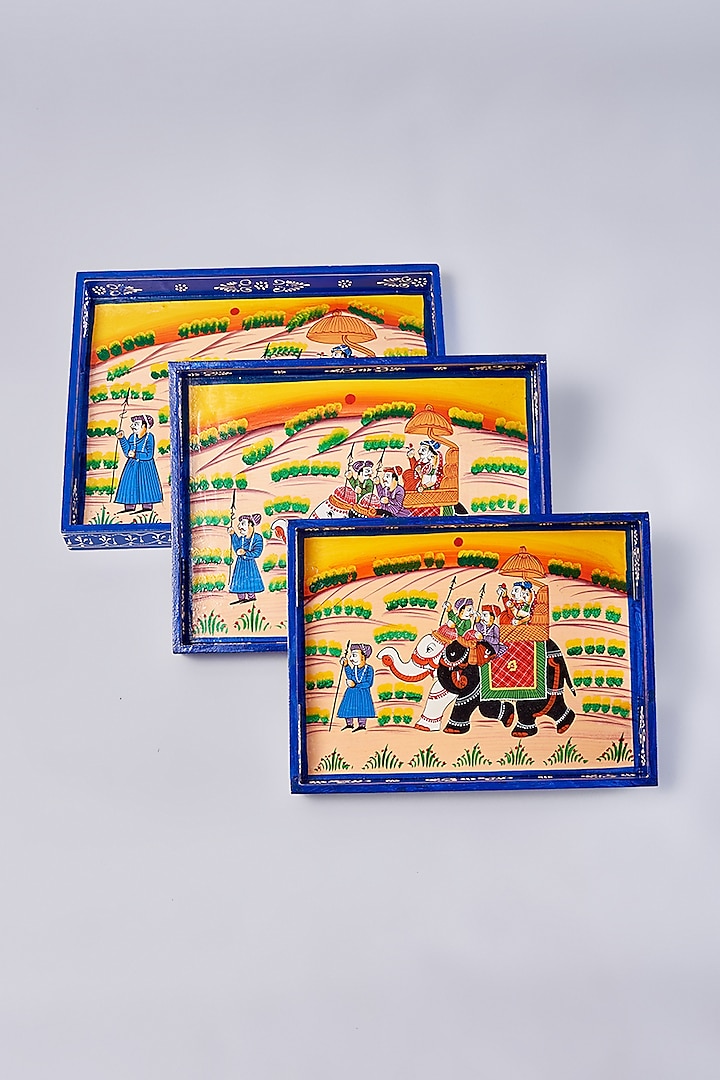 Blue Wooden Tray Set by Home Decor by Aditi