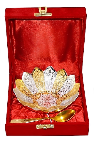 Gold Finish German Silver Bowl & Spoon Set by Home Decor by Aditi