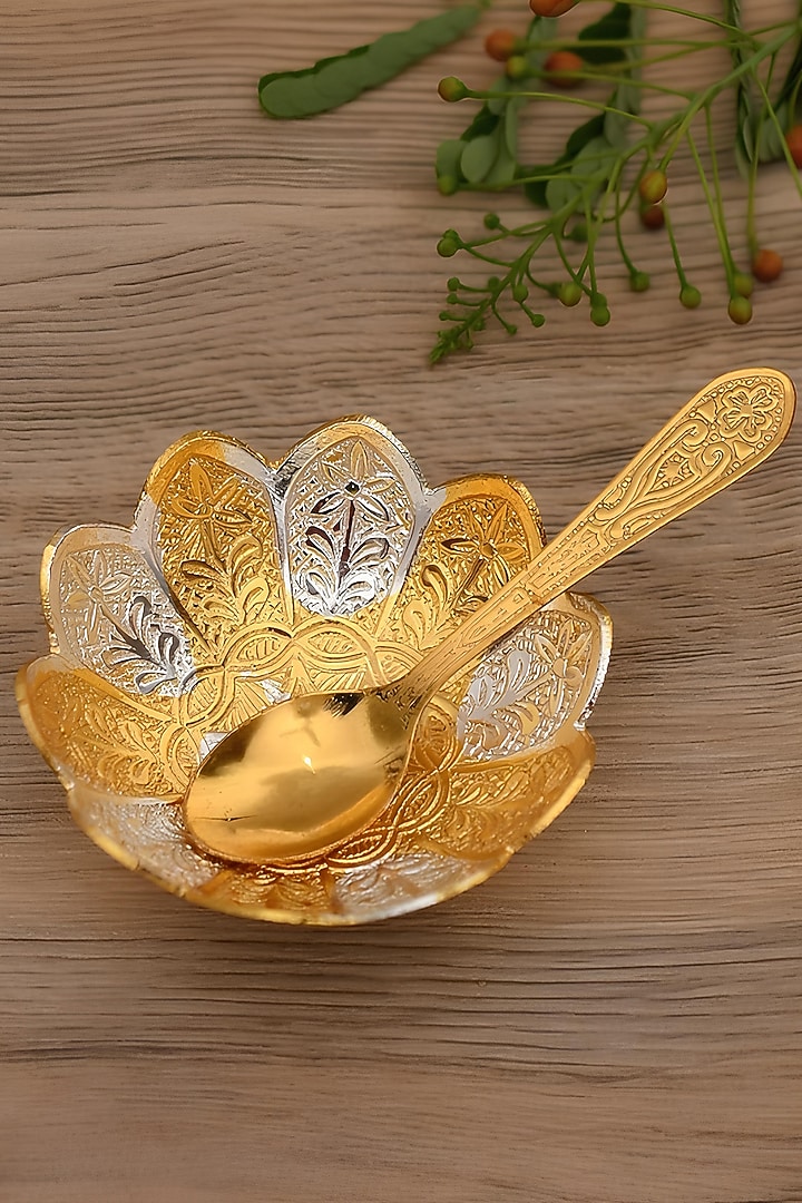 Gold Finish German Silver Bowl & Spoon Set by Home Decor by Aditi at Pernia's Pop Up Shop