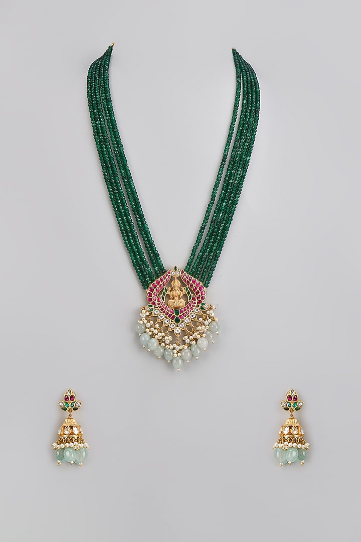 Gold Finish Kundan Polki Pendant Necklace Set by Adityam Jewels at Pernia's Pop Up Shop
