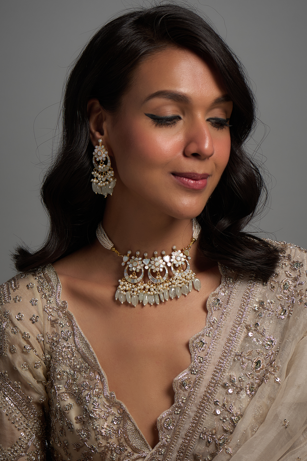 Gold Finish Kundan Polki & Mother Of Pearl Choker Necklace Set by Adityam Jewels at Pernia's Pop Up Shop