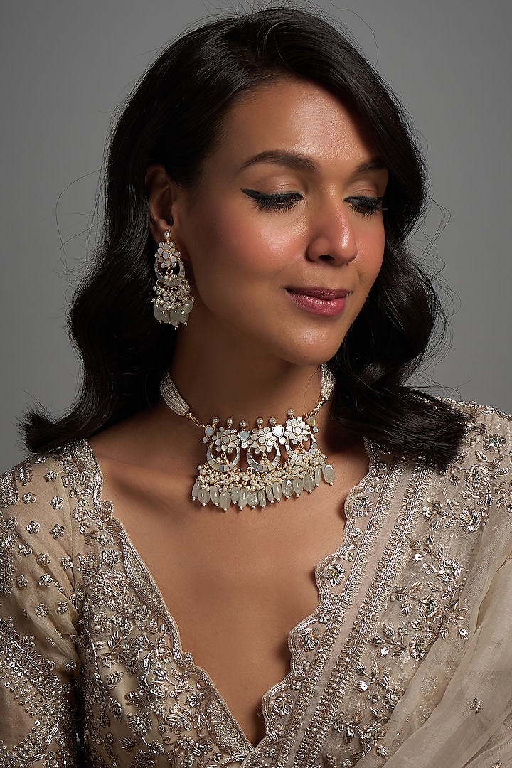 Gold Finish Kundan Polki & Mother Of Pearl Choker Necklace Set by Adityam Jewels at Pernia's Pop Up Shop