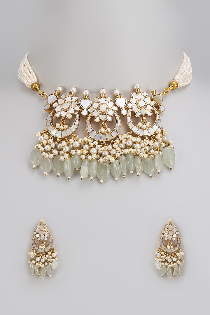 Gold Finish Kundan Polki & Mother Of Pearl Choker Necklace Set by Adityam Jewels at Pernia's Pop Up Shop