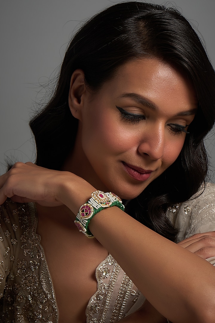 Gold Finish Kundan Polki Poochi Bracelet by Adityam Jewels at Pernia's Pop Up Shop