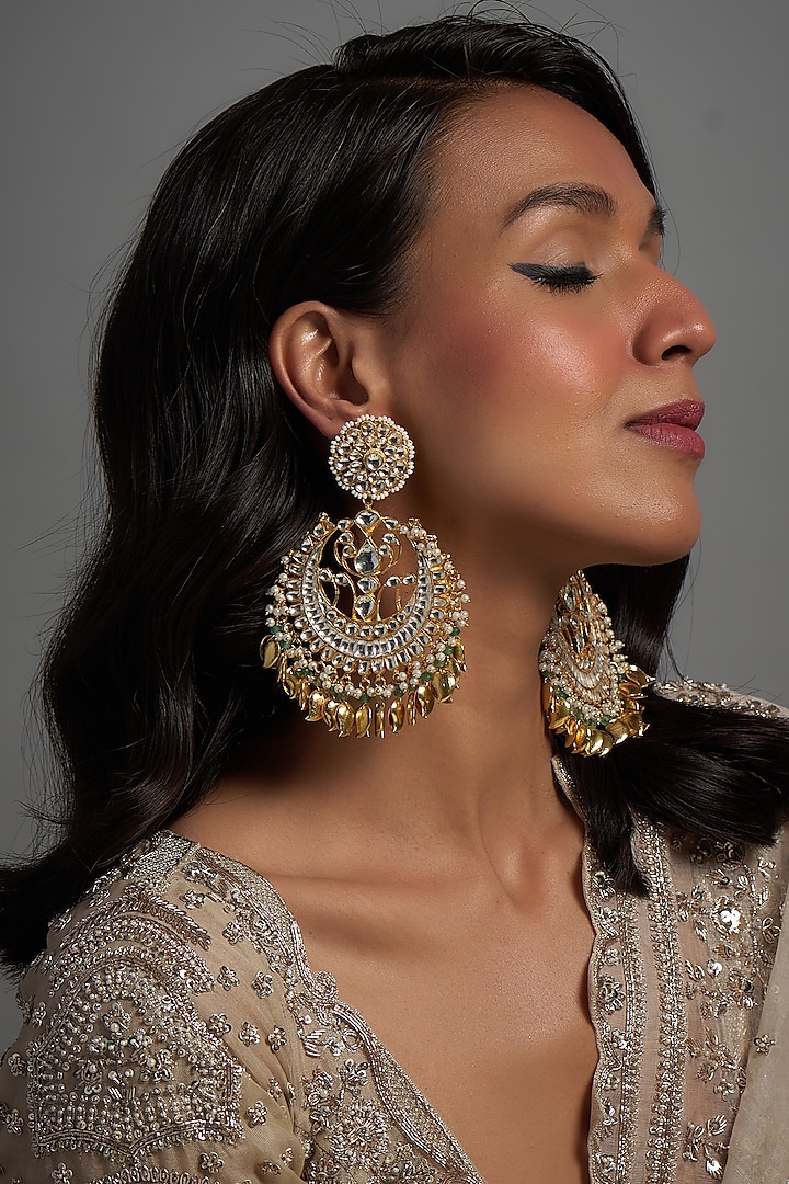 Gold Finish Kundan Polki Chandbaali Earrings by Adityam Jewels at Pernia's Pop Up Shop