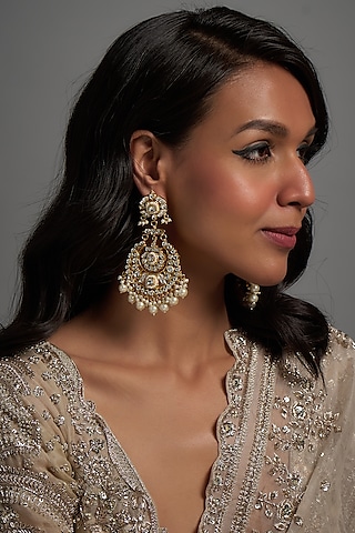 Gold Finish Kundan Polki Chandbaali Earrings by Adityam Jewels
