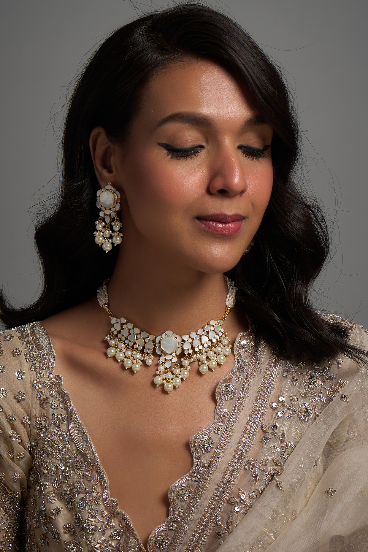 Gold Finish Kundan Polki & Mother Of Pearl Choker Necklace Set by Adityam Jewels at Pernia's Pop Up Shop