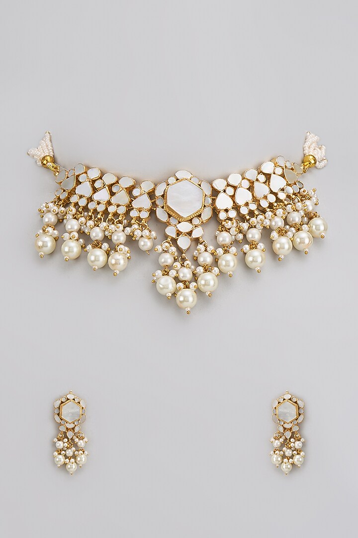 Gold Finish Kundan Polki & Mother Of Pearl Choker Necklace Set by Adityam Jewels at Pernia's Pop Up Shop