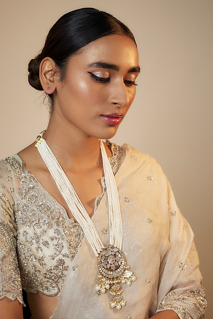 Gold Finish Kundan Polki & Mother Of Pearl Pendant Necklace by Adityam Jewels at Pernia's Pop Up Shop
