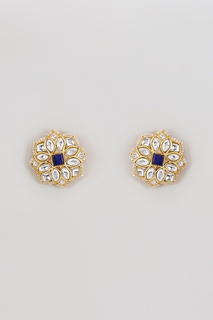 Gold Finish Kundan Polki Stud Earrings by Adityam Jewels at Pernia's Pop Up Shop