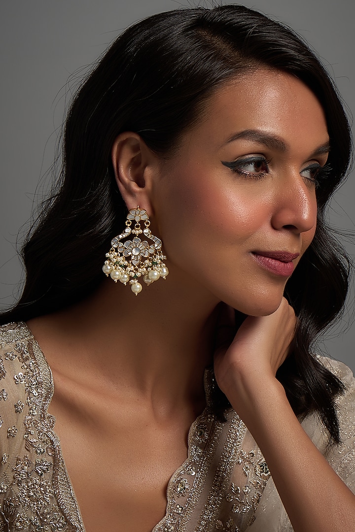 Gold Finish Kundan Polki & Mother Of Pearl Chandbaali Earrings by Adityam Jewels at Pernia's Pop Up Shop