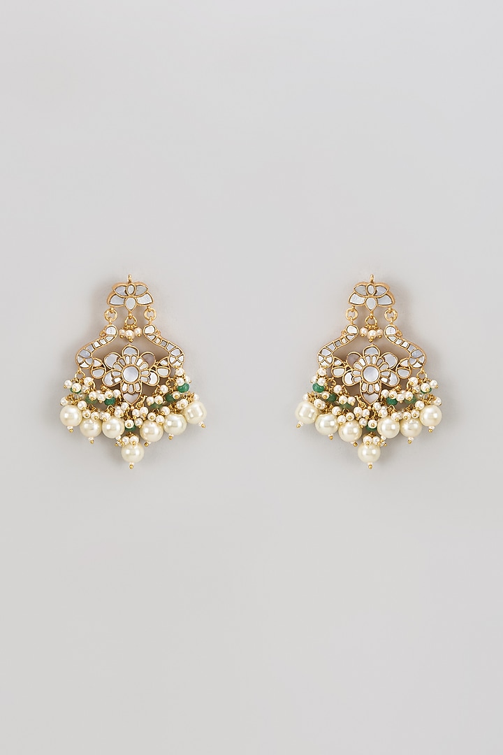 Gold Finish Kundan Polki & Mother Of Pearl Chandbaali Earrings by Adityam Jewels at Pernia's Pop Up Shop