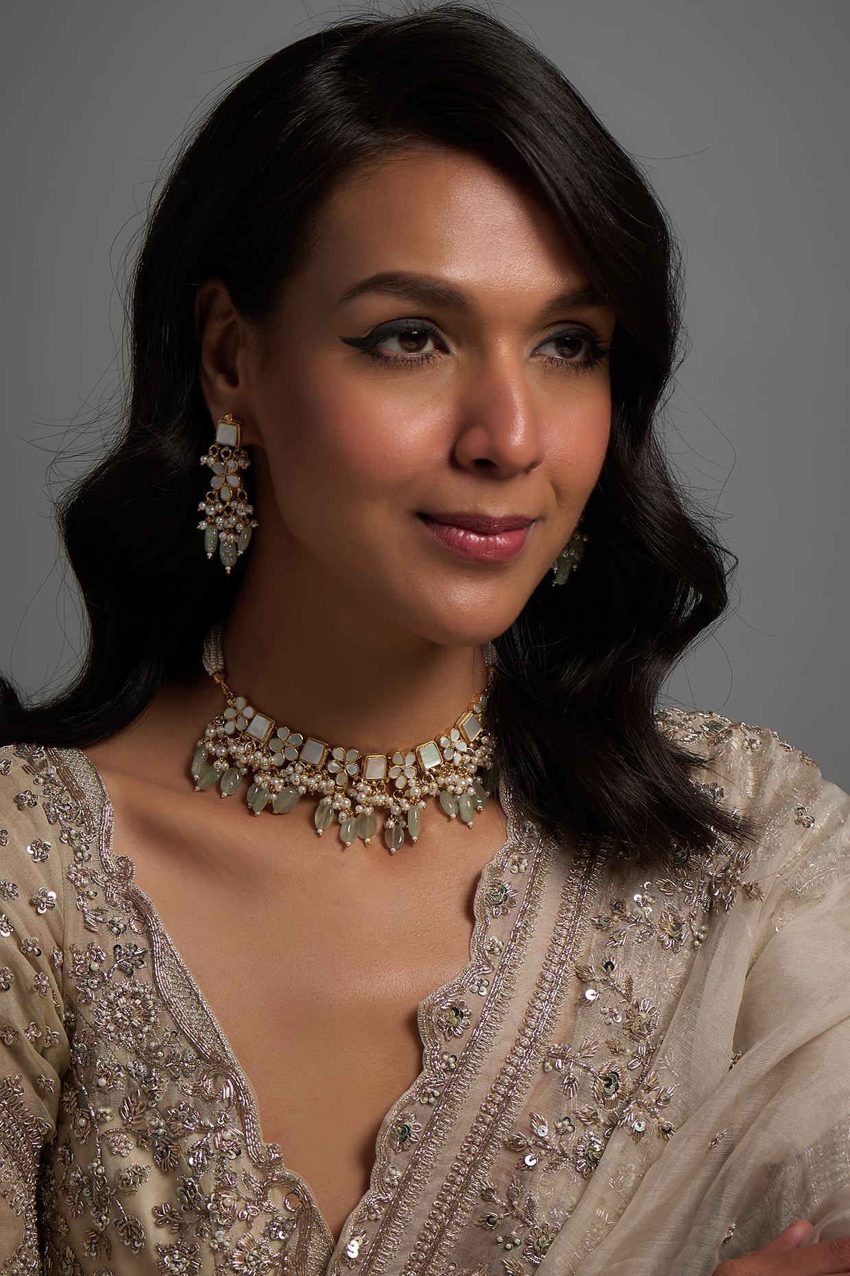 Gold Finish Kundan Polki & Mother Of Pearl Choker Necklace Set by Adityam Jewels at Pernia's Pop Up Shop