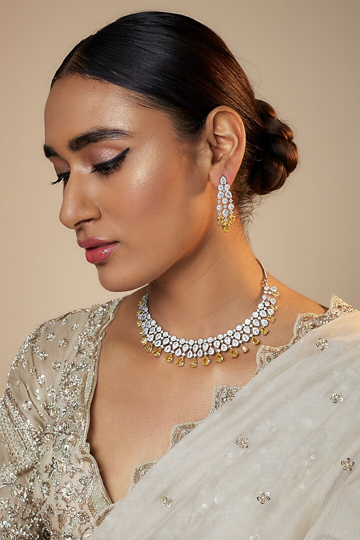 White Finish Zircon Necklace Set by Adityam Jewels at Pernia's Pop Up Shop
