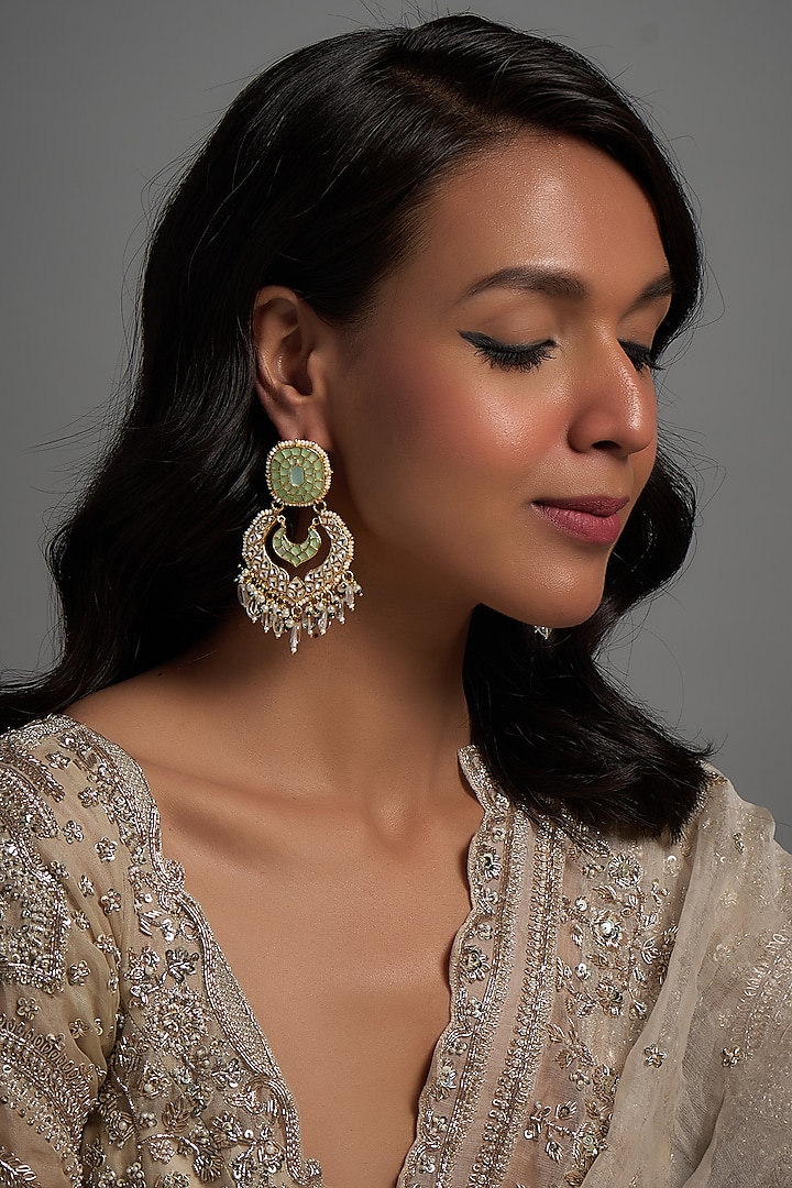 Gold Finish Kundan Polki Chandbaali Earrings by Adityam Jewels at Pernia's Pop Up Shop