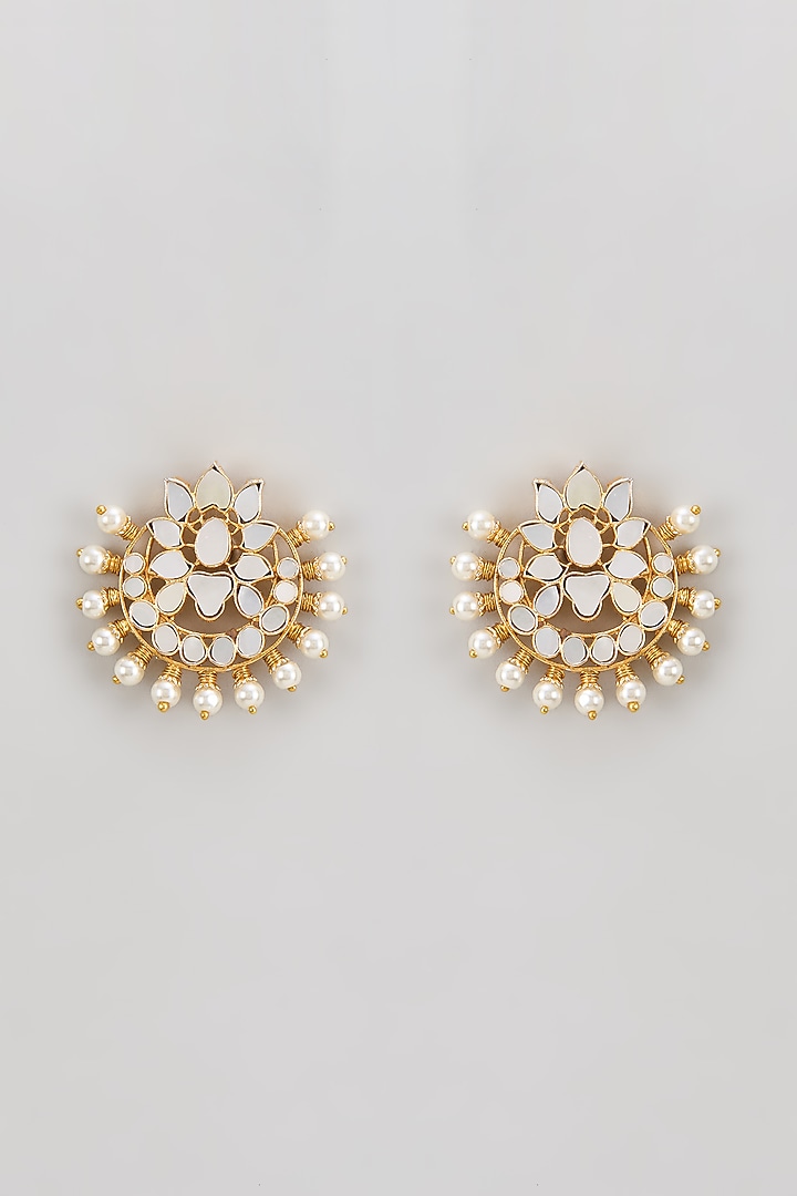 Gold Finish Kundan Polki & Mother Of Pearl Stud Earrings by Adityam Jewels at Pernia's Pop Up Shop