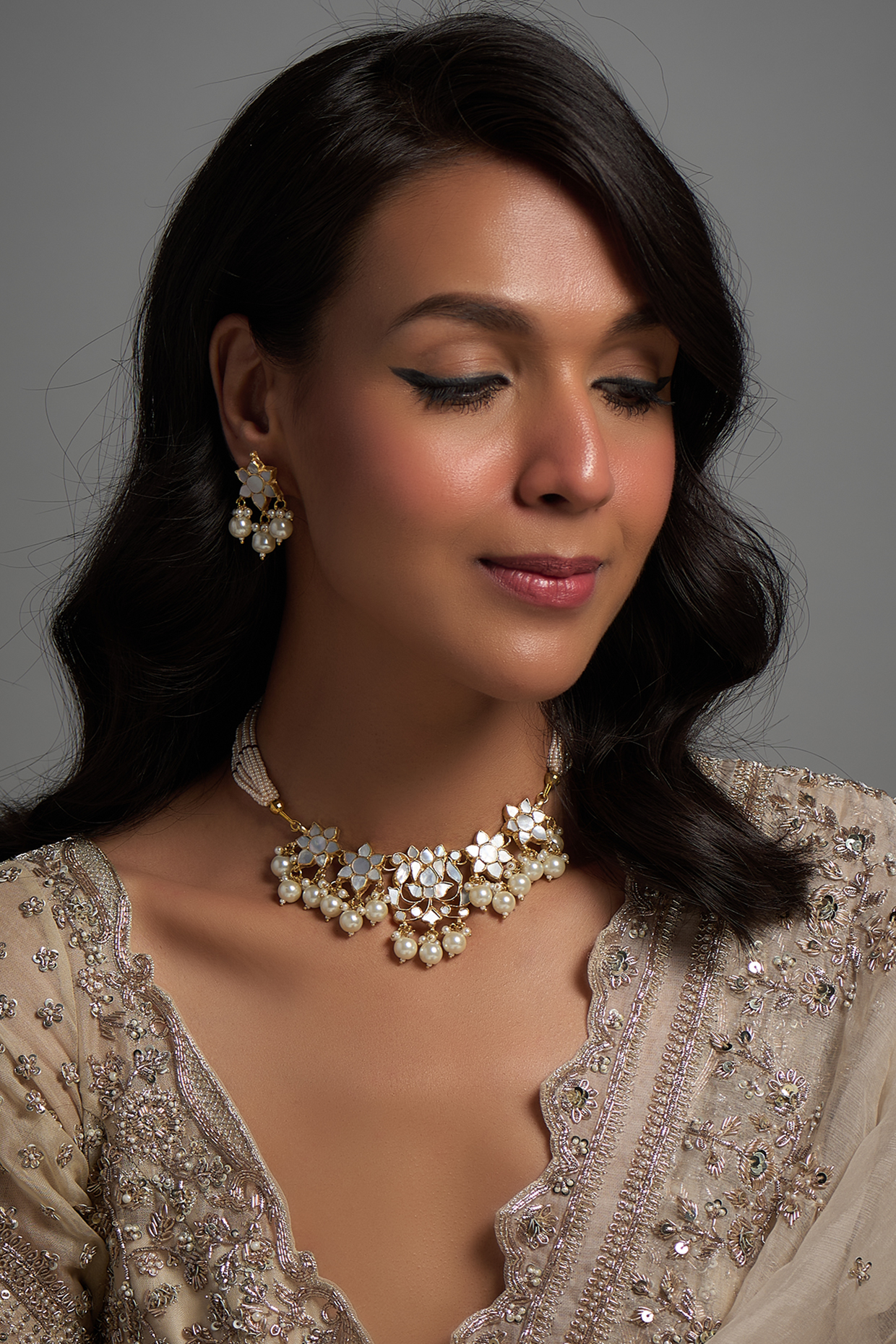 Gold Finish Kundan Polki & Mother Of Pearl Choker Necklace Set by Adityam Jewels at Pernia's Pop Up Shop