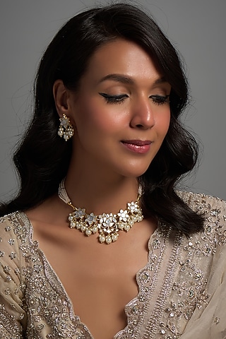 Gold Finish Kundan Polki & Mother Of Pearl Choker Necklace Set by Adityam Jewels