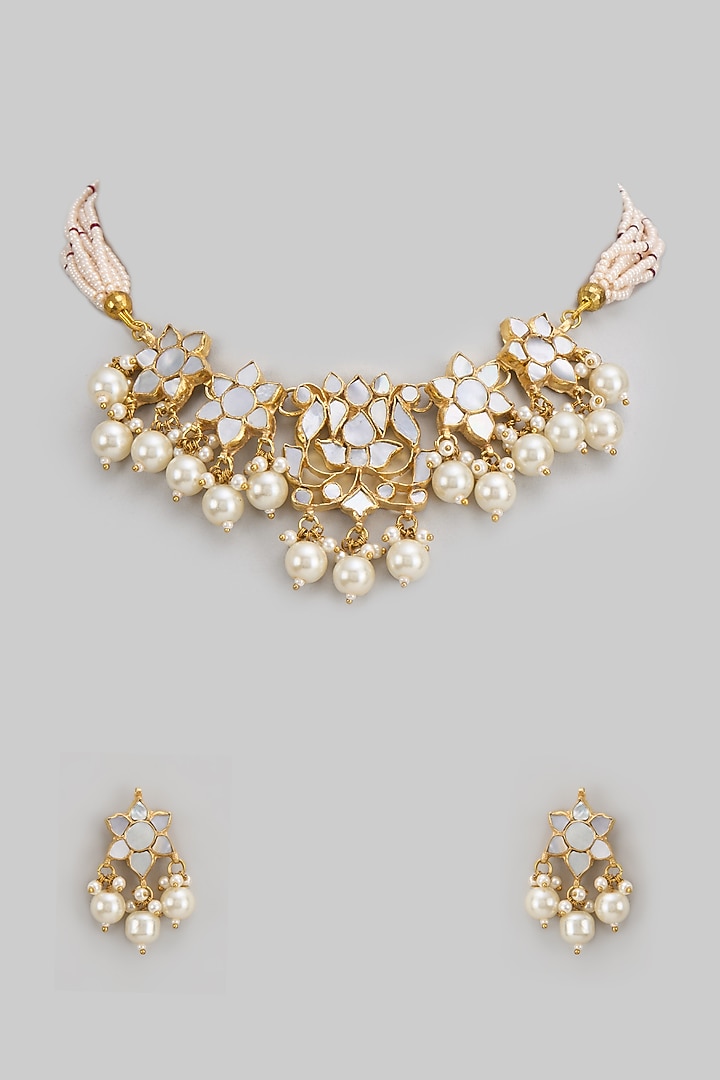 Gold Finish Kundan Polki & Mother Of Pearl Choker Necklace Set by Adityam Jewels at Pernia's Pop Up Shop