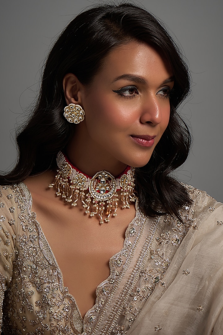 Gold Finish Kundan Polki Choker Necklace Set by Adityam Jewels at Pernia's Pop Up Shop