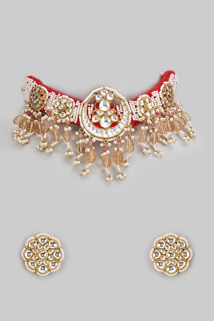 Gold Finish Kundan Polki Choker Necklace Set by Adityam Jewels at Pernia's Pop Up Shop