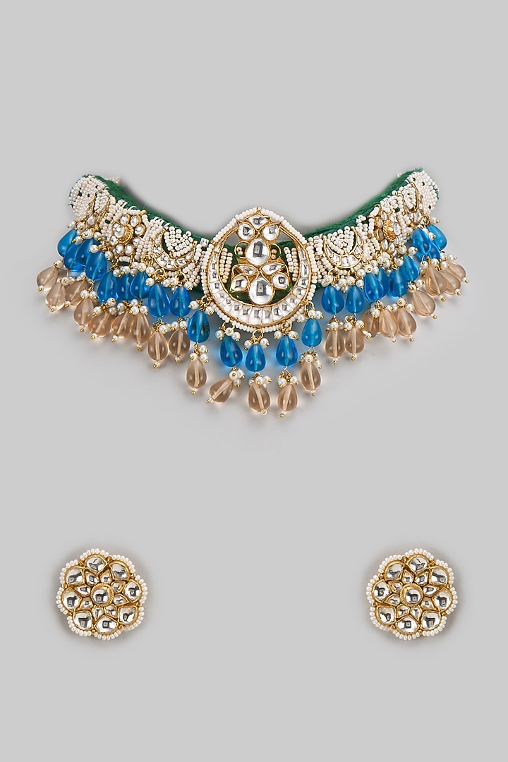 Gold Finish Kundan Polki Choker Necklace Set by Adityam Jewels at Pernia's Pop Up Shop