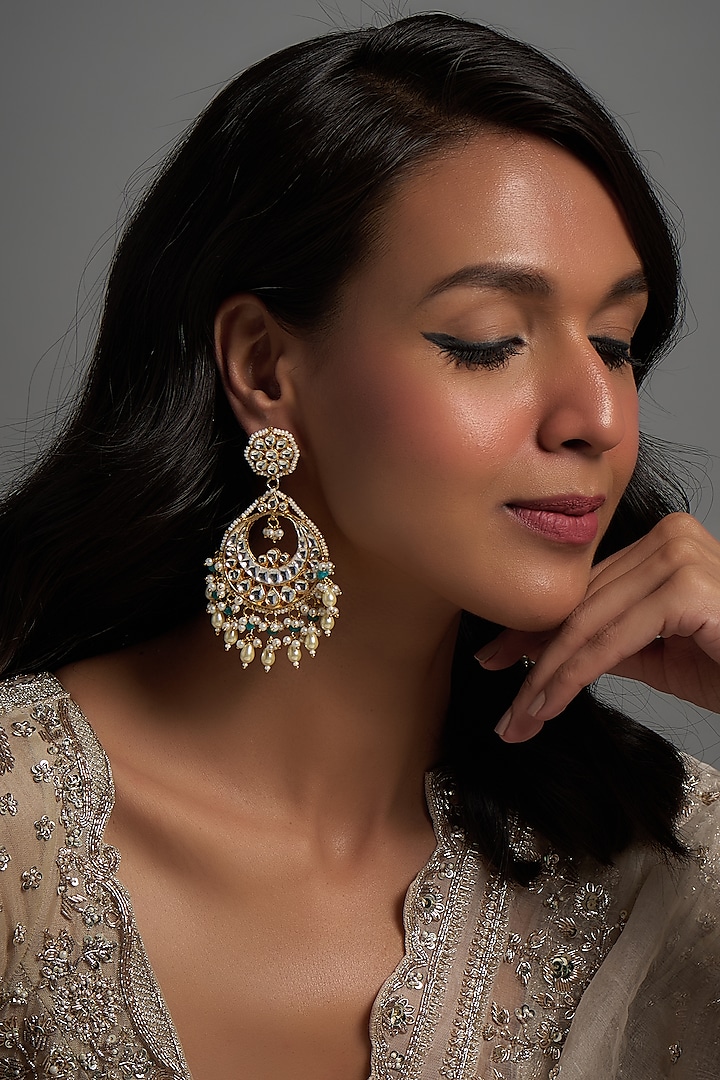 Gold Finish Kundan Polki Chandbaali Earrings by Adityam Jewels at Pernia's Pop Up Shop