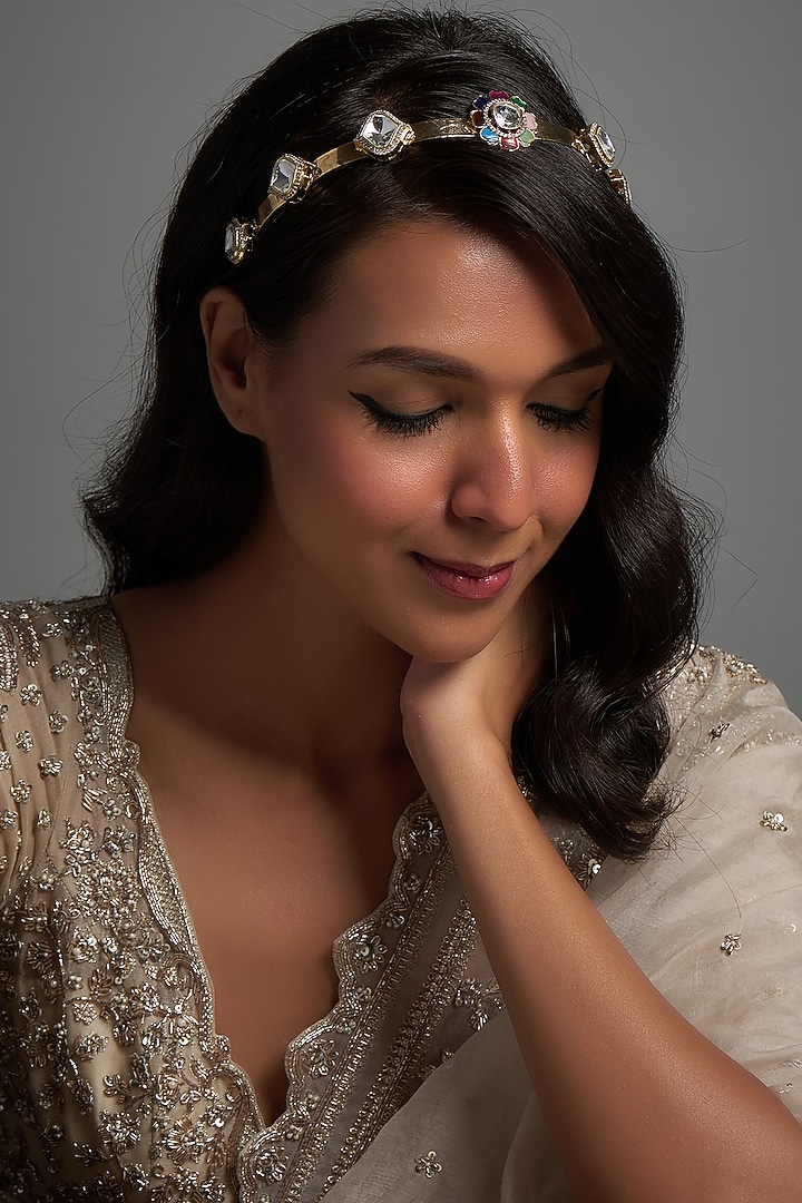 Gold Finish Kundan Polki Hairband by Adityam Jewels at Pernia's Pop Up Shop