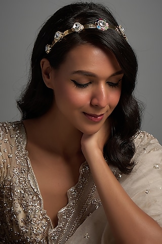 Gold Finish Kundan Polki Hairband by Adityam Jewels