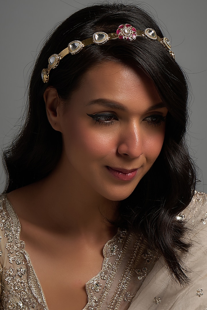Gold Finish Kundan Polki Hairband by Adityam Jewels at Pernia's Pop Up Shop