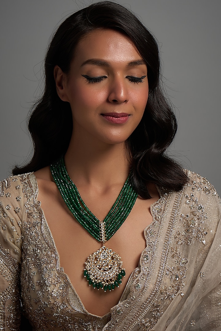 Gold Finish Kundan Polki Long Pendant Necklace by Adityam Jewels at Pernia's Pop Up Shop