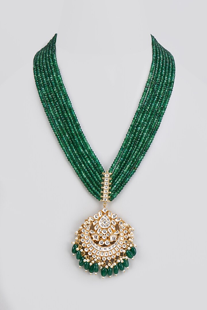 Gold Finish Kundan Polki Long Pendant Necklace by Adityam Jewels at Pernia's Pop Up Shop