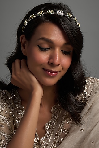 Gold Finish Kundan Polki Hairband by Adityam Jewels